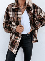 Women's Coats Retro Check Pocket Long Sleeve Shirt Coat