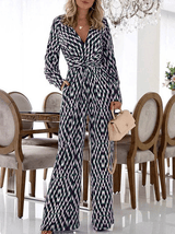 Women's Jumpsuits Printed V-Neck Pocket Long Sleeve Jumpsuit