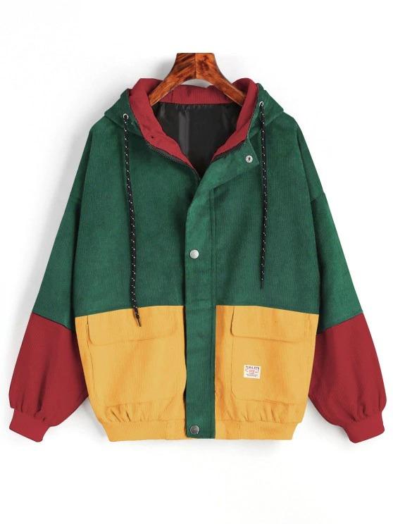 Hooded Color Block Corduroy Jacket