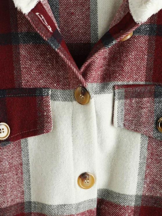 Plaid Contrast Fleece Hooded Button Up Jacket
