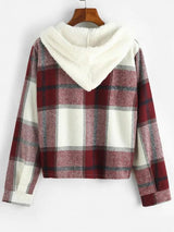 Plaid Contrast Fleece Hooded Button Up Jacket