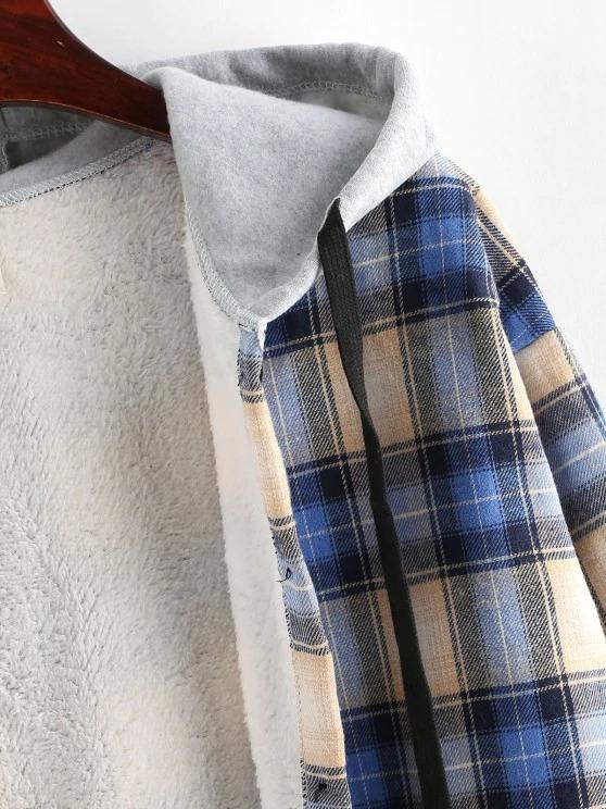 Plaid Buttoned Curved Hem Hooded Coat