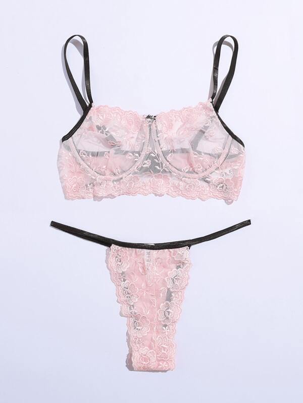 Embroidered Mesh Underwire Lingerie Set