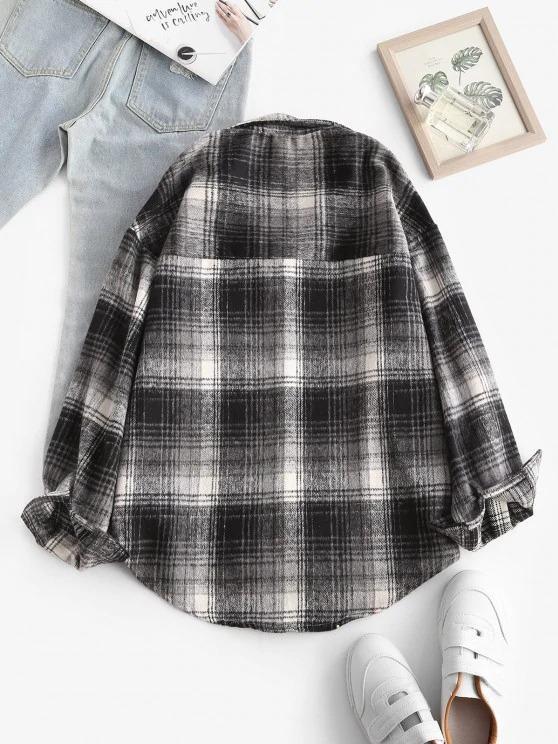 Front Pocket Plaid Houndstooth Flannel Shacket