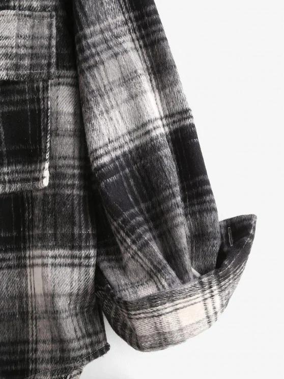 Front Pocket Plaid Houndstooth Flannel Shacket