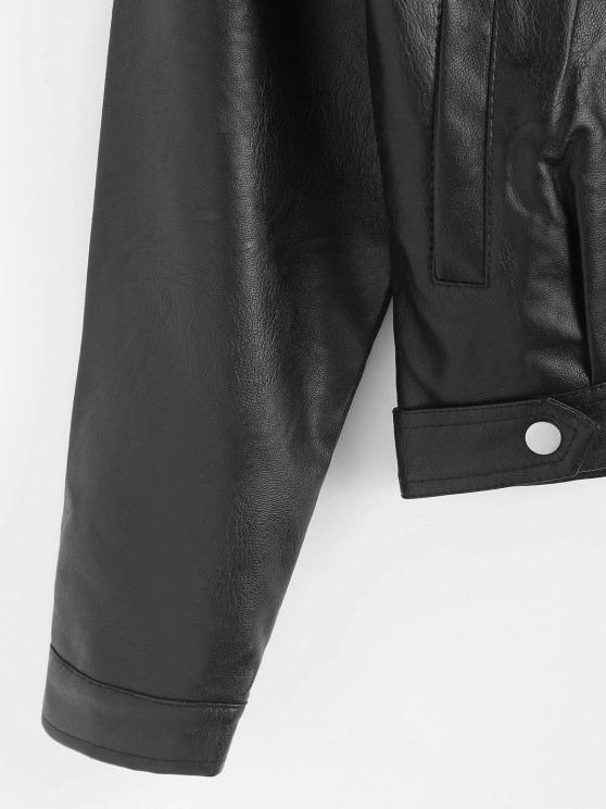 Faux Leather Snap Button Pockets Biker Jacket