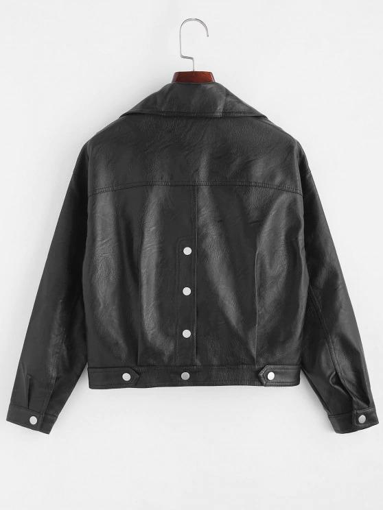 Faux Leather Snap Button Pockets Biker Jacket