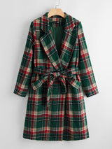 Notched Collar Double Button Belted Tartan Pea Coat