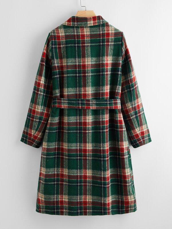 Notched Collar Double Button Belted Tartan Pea Coat