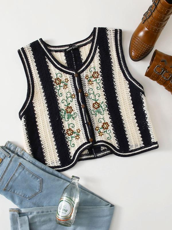 Floral Embroidery Vest Cardigan