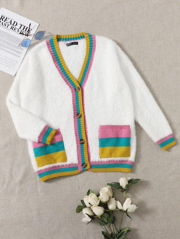 Button Front Patch Pocket Colorblock Fuzzy Cardigan