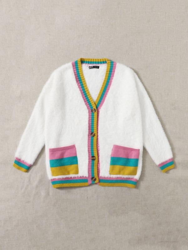Button Front Patch Pocket Colorblock Fuzzy Cardigan
