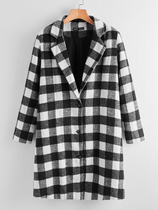 Notch Collar Buffalo Plaid Open Front Coat