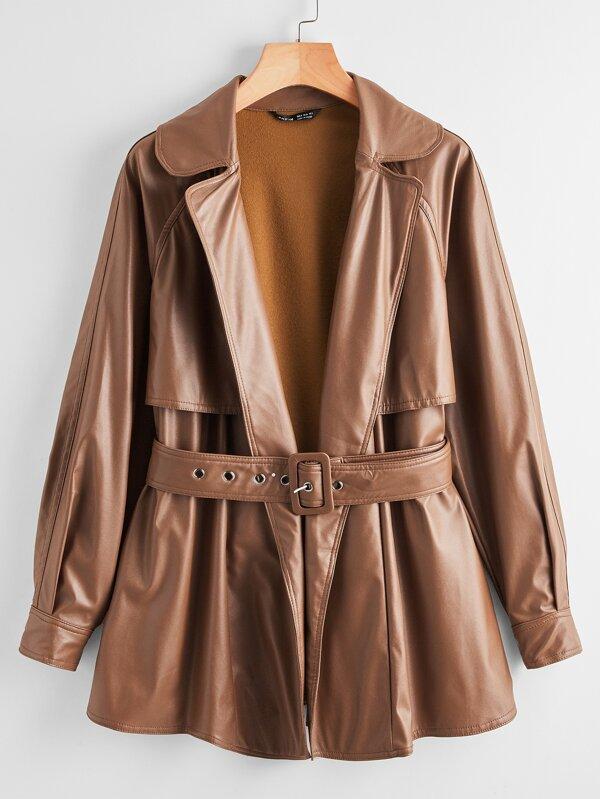 Raglan Sleeve Buckle Belted PU Leather Coat