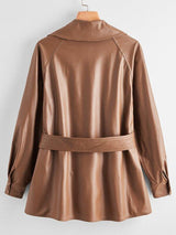 Raglan Sleeve Buckle Belted PU Leather Coat