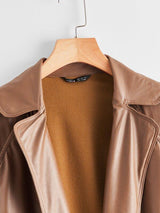 Raglan Sleeve Buckle Belted PU Leather Coat