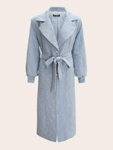 Notch Collar Lantern Sleeve Self Belted Floral Jacquard Coat