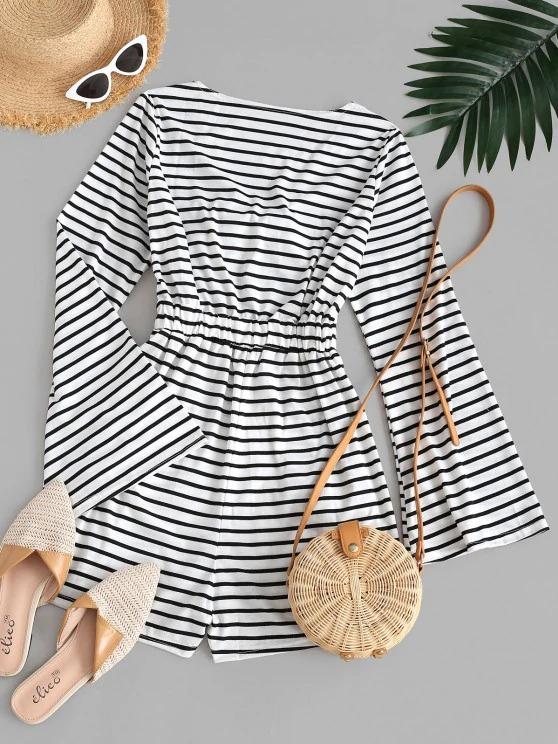 Stripes Flare Sleeve Tie Front Romper