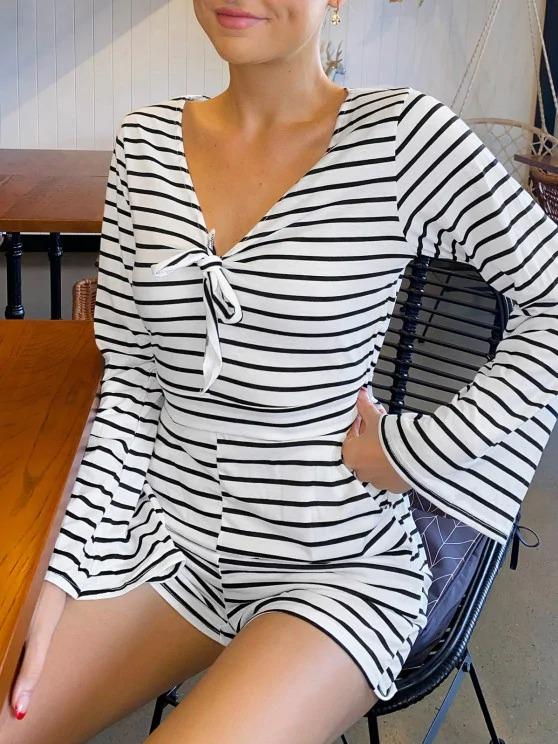 Stripes Flare Sleeve Tie Front Romper