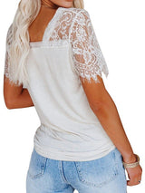 Solid Color V-neck Lace Short Sleeve T-shirt