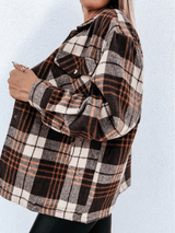 Women's Coats Retro Check Pocket Long Sleeve Shirt Coat