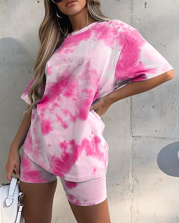 Tie Dye Print Short Sleeve Casual Top & Shorts Set