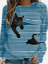 Cat Print Long Sleeve Black Striped Plus Size T-shirt
