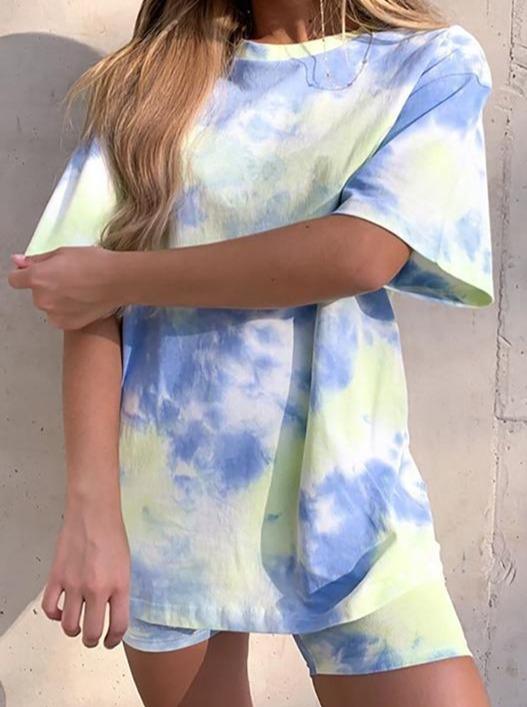 Tie Dye Print Short Sleeve Casual Top & Shorts Set