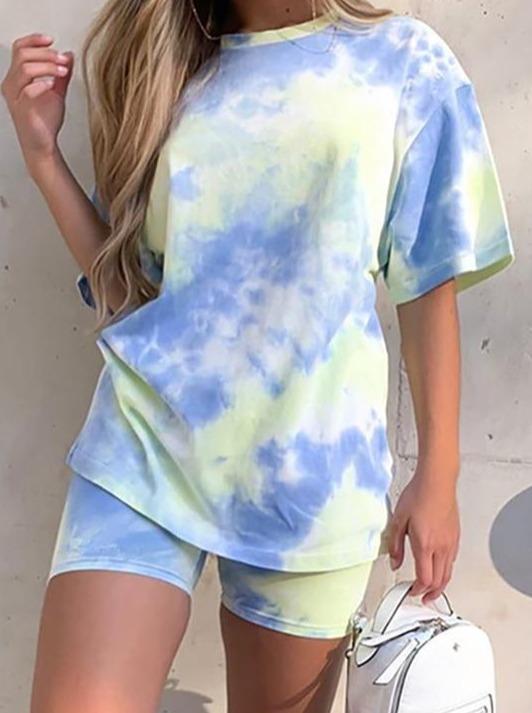 Tie Dye Print Short Sleeve Casual Top & Shorts Set