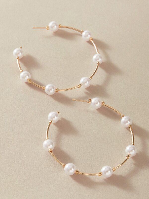 1pair Faux Pearl Decor Cuff Hoop Earrings - INS | Online Fashion Free Shipping Clothing, Dresses, Tops, Shoes