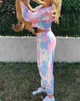 Tie Dye Crop Hooded Hoodies Pants Sets