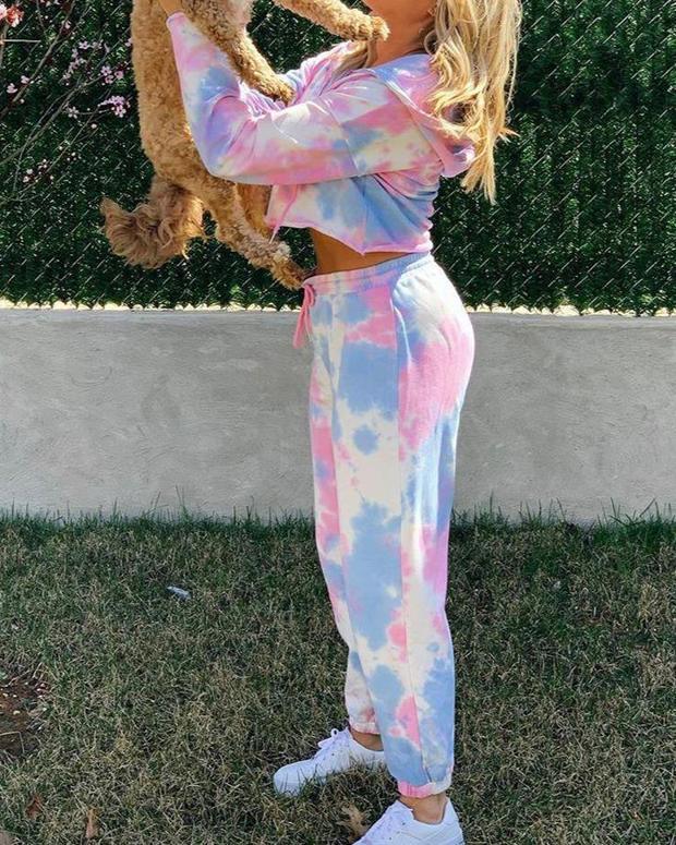 Tie Dye Crop Hooded Hoodies Pants Sets