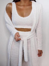 Solid Fluffy  Sleeveless Crop Top & Longline Coat & Bootcut Pants Set