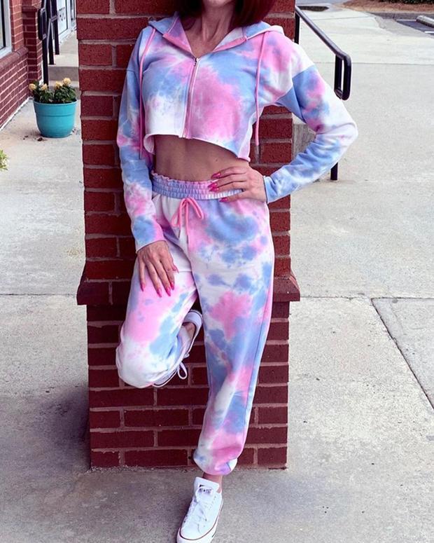 Tie Dye Crop Hooded Hoodies Pants Sets