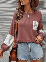 Women's T-Shirts Lace Stitching Pockets Round Neck Long Sleeves T-Shirt