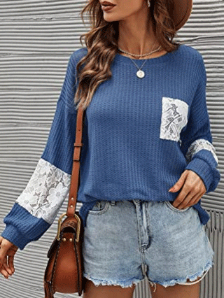 Women's T-Shirts Lace Stitching Pockets Round Neck Long Sleeves T-Shirt