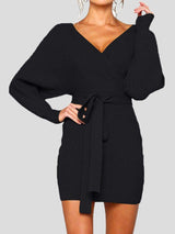 Women's Dresses V-Neck Belted Long Sleeve Knit Mini Dress