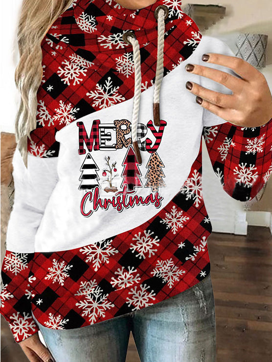 Women's Hoodies Christmas Snowflake Check Drawstring Long Sleeve Hoodie