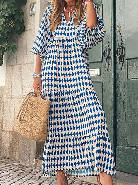 Women's Dresses Geometric Print Puff Sleeve Maxi Dress