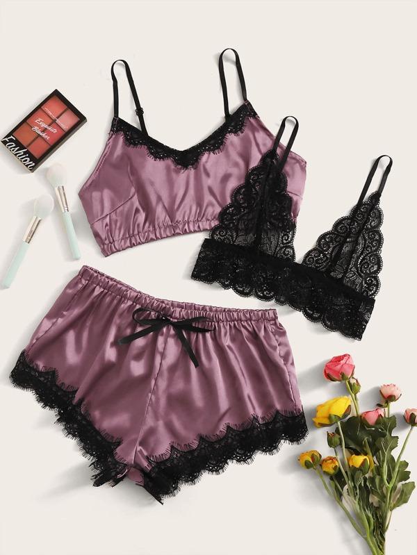 3pack Contrast Lace Satin Lingerie Set - INS | Online Fashion Free Shipping Clothing, Dresses, Tops, Shoes