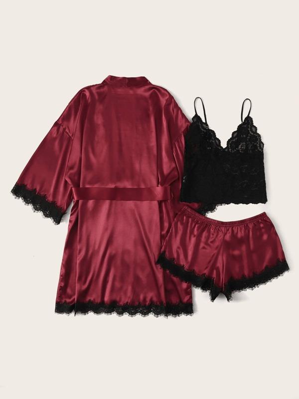 3pack Contrast Lace Satin Lingerie Set & Belted Robe - INS | Online Fashion Free Shipping Clothing, Dresses, Tops, Shoes