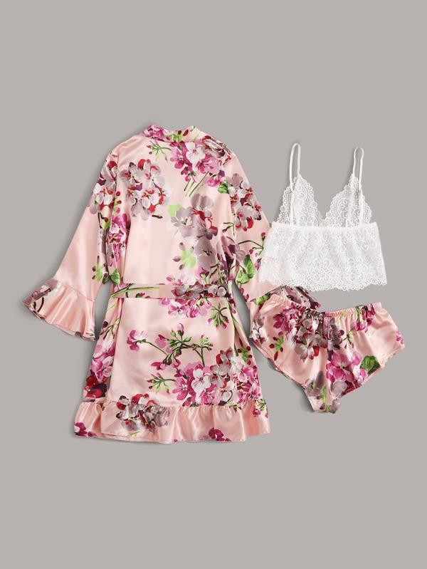 3pack Floral Lace Lingerie Set & Satin Belted Robe - INS | Online Fashion Free Shipping Clothing, Dresses, Tops, Shoes