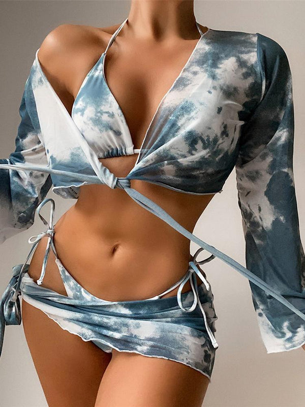 4PCS Tie Dye Print Tied Detail Frill Hem Bikini Set - Bikinis - INS | Online Fashion Free Shipping Clothing, Dresses, Tops, Shoes - 27/04/2021 - BIK210427069 - Bikinis
