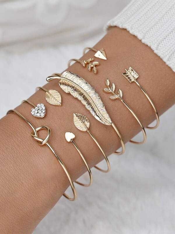 6pcs Leaf & Heart Decor Cuff Bangle - INS | Online Fashion Free Shipping Clothing, Dresses, Tops, Shoes