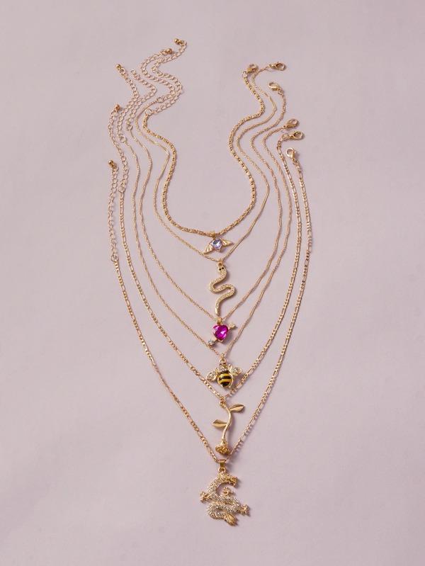 6pcs Rose & Bee Charm Necklace - INS | Online Fashion Free Shipping Clothing, Dresses, Tops, Shoes