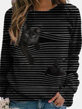 Cat Print Long Sleeve Black Striped Plus Size T-shirt
