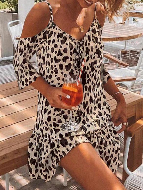 Short Sleeve Brown Leopard Print Mini Dress