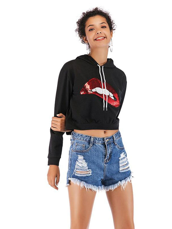 Women Printed Sequined Short Hoodie