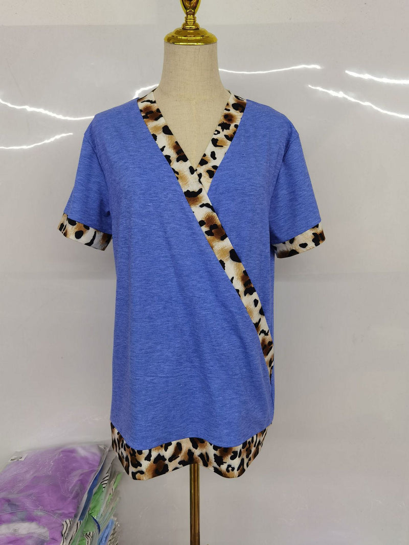 Women's Leopard Print V-Neck Construct Color T-Shirt
