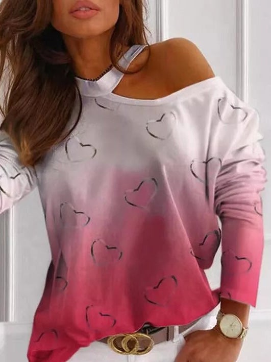 Women's T-Shirts Gradient Color Heart Print Long Sleeve T-Shirt